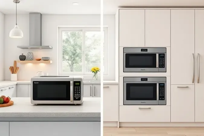 Renderização 3D comparando micro-ondas de mesa e de embutir sem marcas em cozinha moderna.
