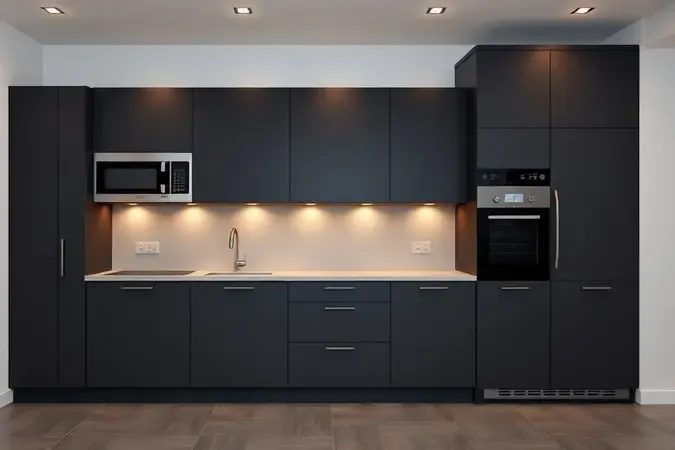 Visualização conceitual em 3D comparando micro-ondas de bancada e micro-ondas de embutir em torre de cozinha planejada.