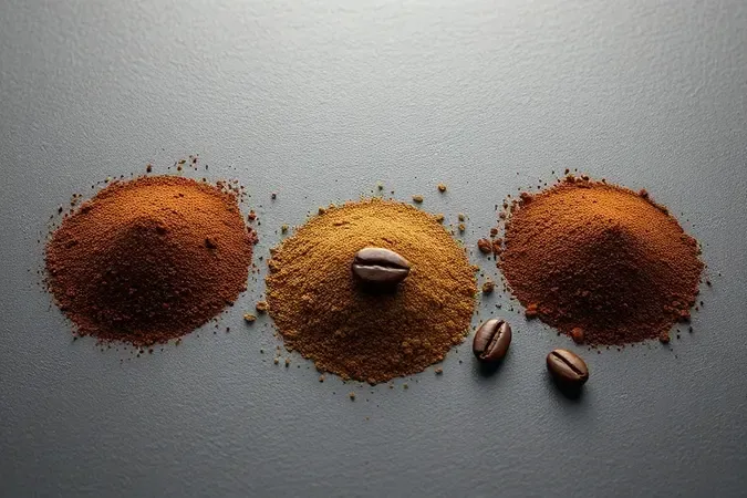 Comparação de moagens de café em render 3D destacando a moagem média-fina ideal para cafeteira italiana sobre superfície de ardósia