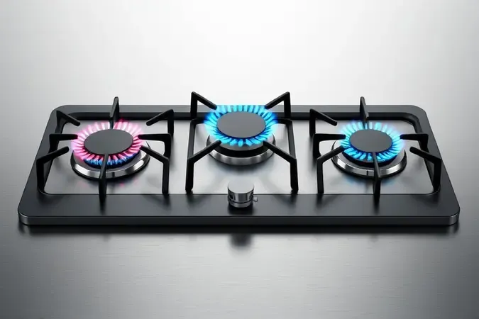 Render 3D de três tipos de queimadores de fogão modernos em superfície de inox com chamas sutis