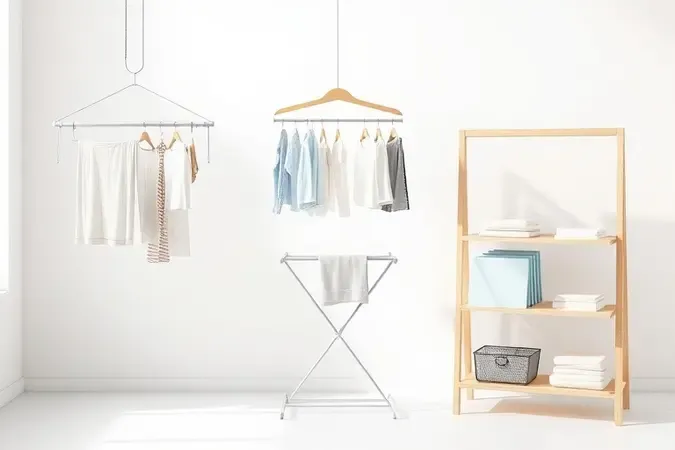 Render 3D mostrando três tipos de secadoras de roupas: suspensa, de chão e grande, lado a lado em ambiente clean