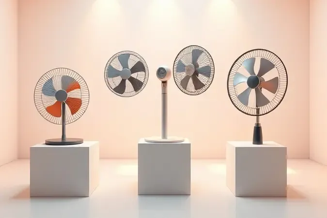 Modelos conceituais de ventiladores de mesa, coluna e parede em ambiente minimalista.