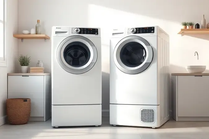 Render 3D comparando máquina de lavar de abertura superior e frontal sem marcas em lavanderia moderna