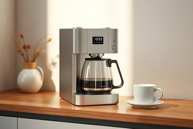 Cafeteira programável com relógio digital e xícara de café em render 3D