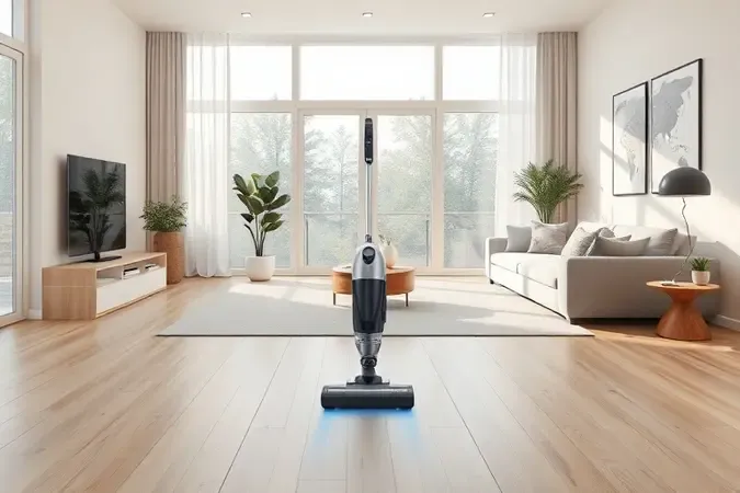 Render 3D conceitual de aspirador vertical sem marca em sala moderna, destacando mobilidade e praticidade
