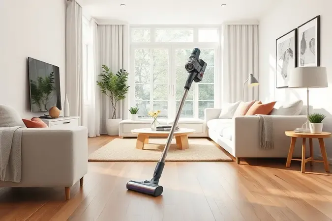 Render 3D de aspirador vertical sem fio deslizando em sala clara e moderna