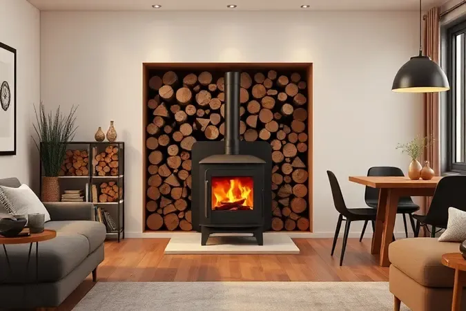 Ambiente conceitual 3D acolhedor e aquecido por fogão a lenha moderno com nicho para toras de madeira.