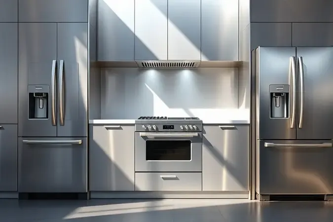 Conceito 3D destacando a durabilidade e o acabamento em aço inoxidável escovado de um eletrodoméstico moderno.