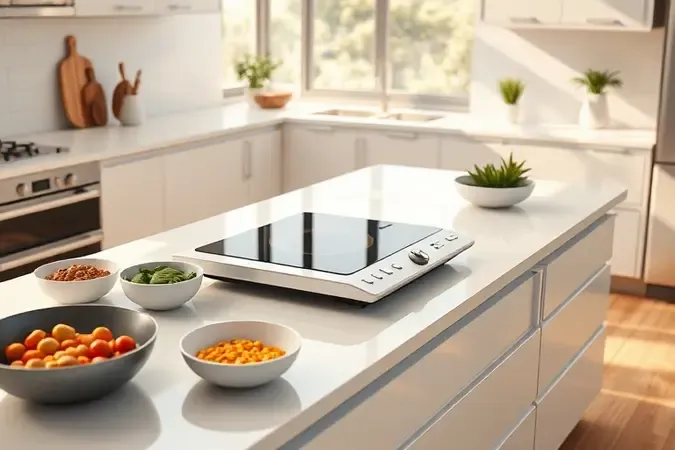 Cozinha contemporânea com fogão cooktop de indução portátil compacto sobre bancada clara.