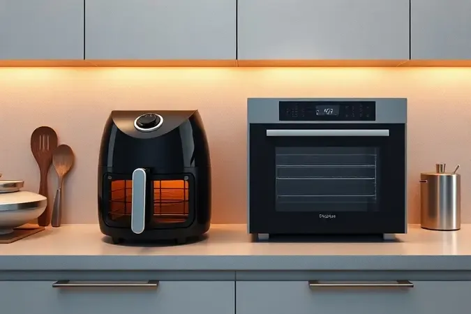 Comparativo conceitual em 3D entre airfryer compacta e forno elétrico moderno em cozinha contemporânea.