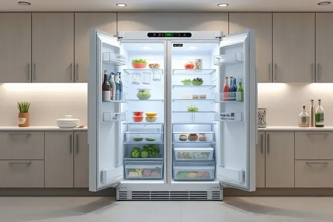 Render 3D de geladeira side by side aberta mostrando interior organizado e iluminação suave