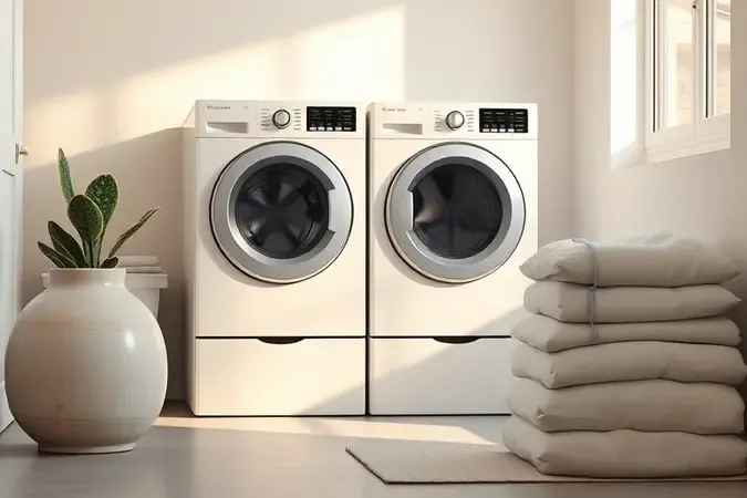 Conceito 3D de lavanderia moderna e minimalista com máquina lava e seca e roupas dobradas.