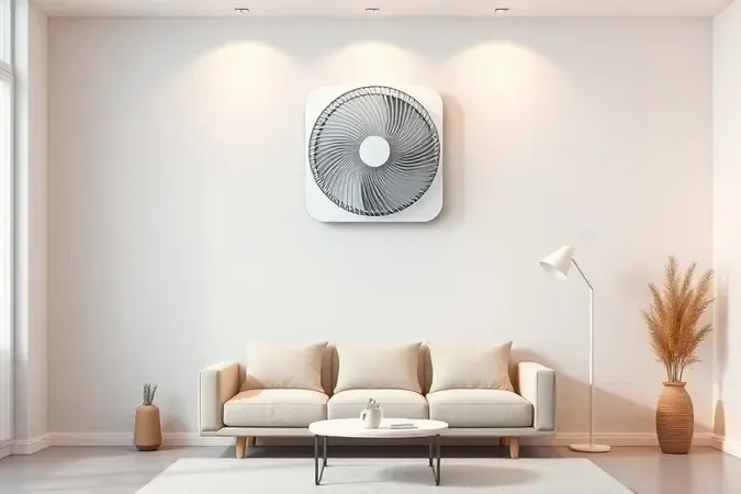 Ventilador de parede economizando espaço em sala minimalista clean render 3D