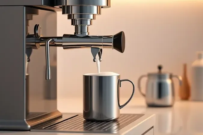 Vaporizador de leite de cafeteira expresso em render 3D com vapor e leite cremoso