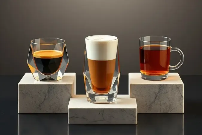 Composição 3D de copos de vidro com diferentes bebidas quentes como café expresso e cappuccino.