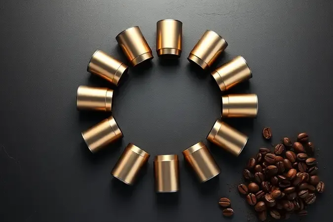 Variedade de cápsulas de café coloridas sem marca organizadas sobre superfície de pedra escura.