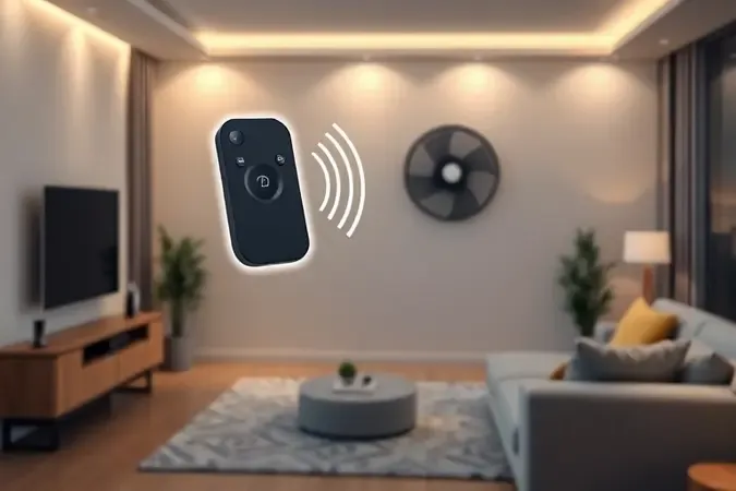 Controle remoto minimalista transmitindo sinal wireless para ventilador de parede em ambiente moderno.