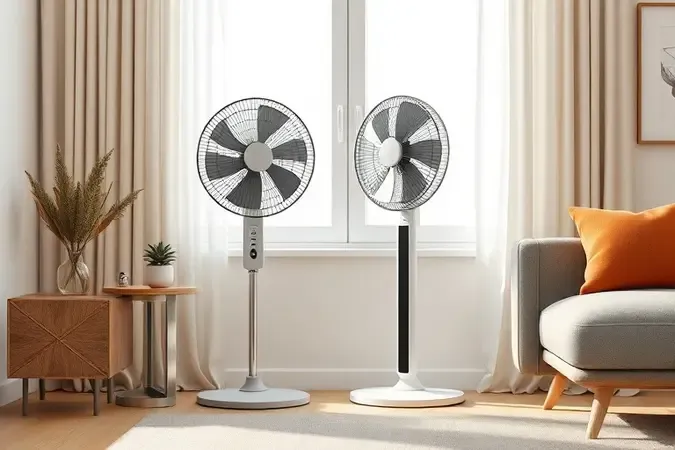 Comparação conceitual entre ventilador de mesa e ventilador de coluna em renderização 3D