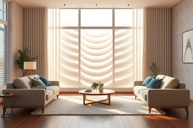 Ilustração 3D conceitual de ondas sonoras suaves e silenciosas fluindo harmoniosamente pelo ambiente.