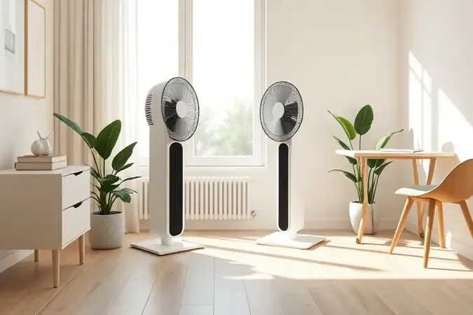 Ventilador de torre moderno em home office minimalista com iluminação natural e planta decorativa em movimento sutil