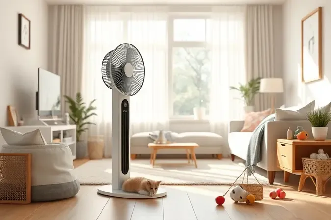 Ventilador torre em ambiente seguro com gato e brinquedos infantis