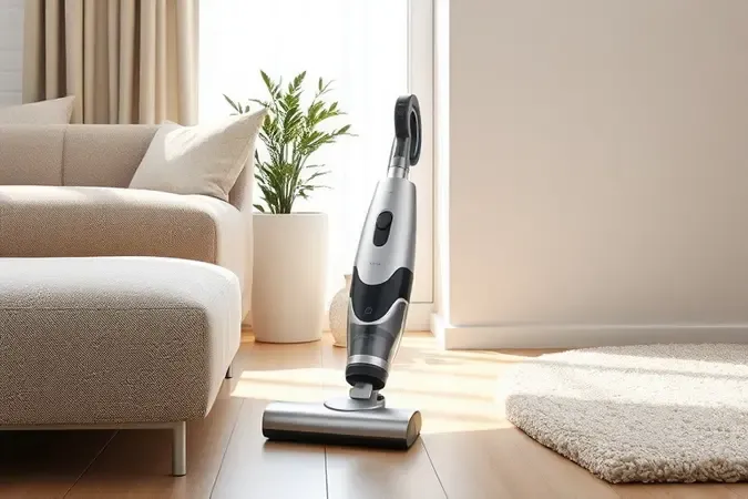 Renderização 3D de aspirador portátil compacto em ambiente moderno demonstrando versatilidade em diferentes superfícies.