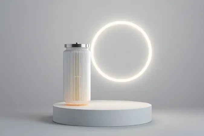 Render 3D de refil de filtro e linha do tempo conceitual representando a manutenção e vida útil do purificador.